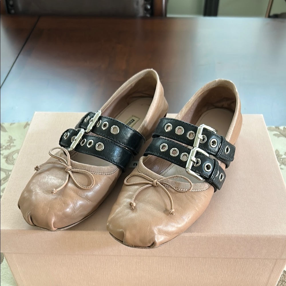 Miu Miu Tan and Black Flats with Buckle Detail